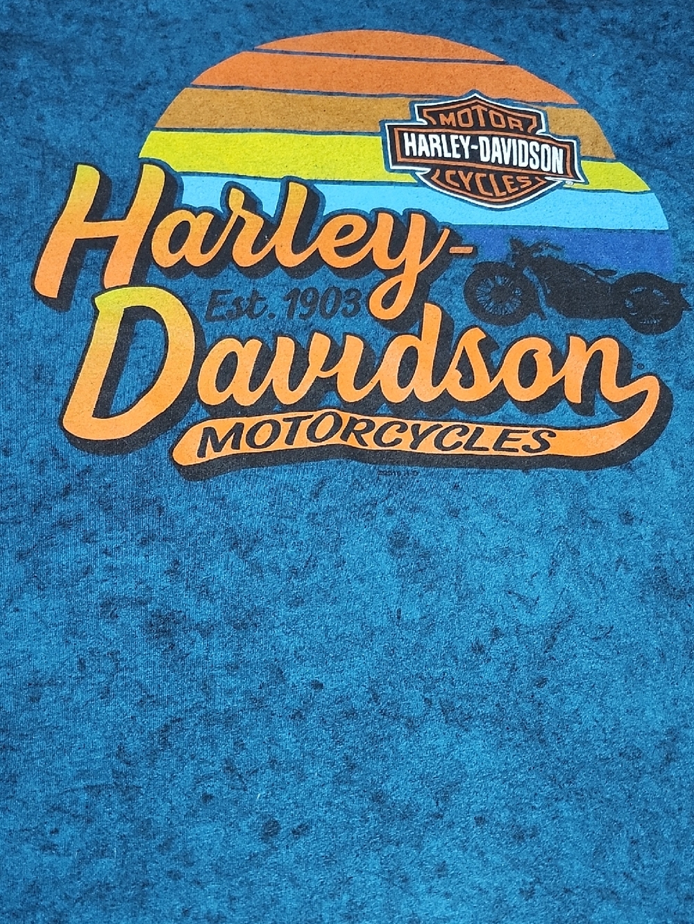 HARLEY DAVIDSON 2019 TEAL/BLUE ACID-WASH SUNSET STRIPES CREWNECK TEE-SHIRT